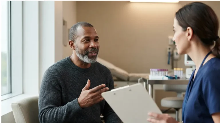 Clinician discussing Hemochromatosis evaluation with an adult patient who has a high ALT