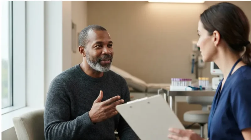 Clinician discussing Hemochromatosis evaluation with an adult patient who has a high ALT
