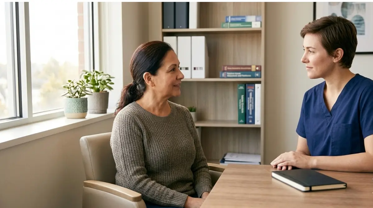 Adult discussing hepatitis A recovery and AST and ALT follow-up testing with a clinician