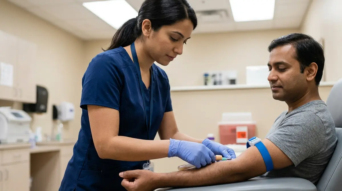 Phlebotomist collecting a blood sample for hepatitis B and C testing in a clinic to evaluate an AST/ALT Ratio pattern