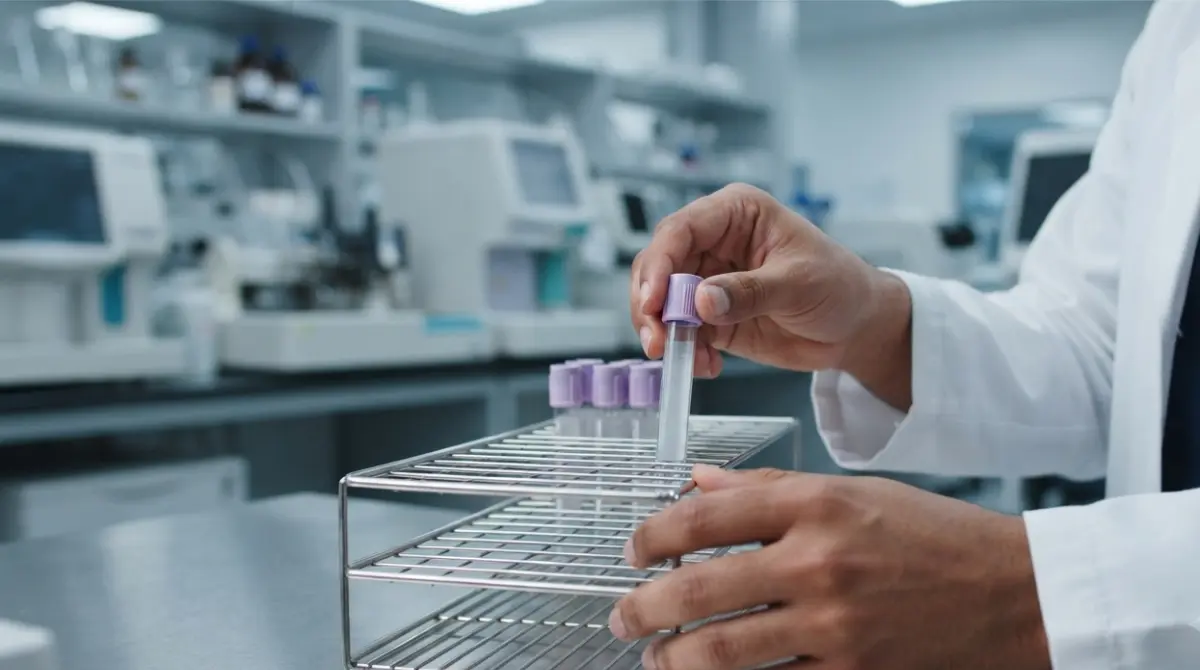 Laboratory technician handling a blood sample tube for ALT testing in a patient with possible Hepatitis C