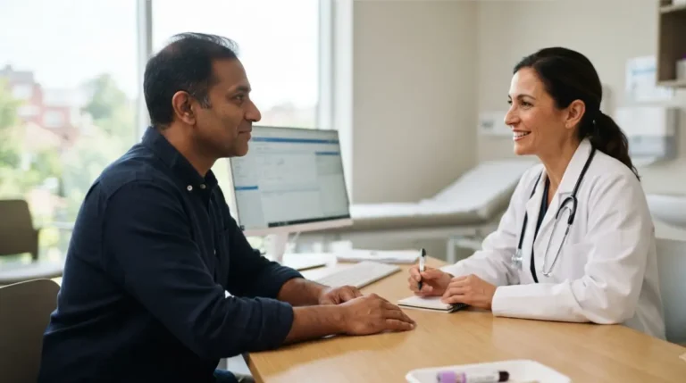 Adult patient discussing Hepatitis C and normal ALT blood test results with a doctor in a modern clinic