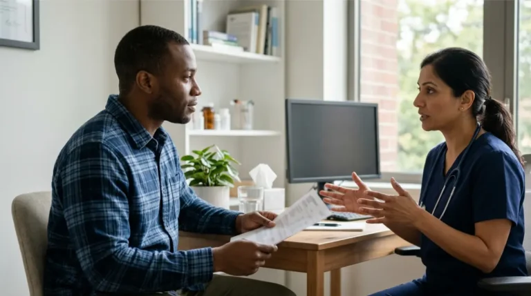 Doctor explaining a high AST blood test result to a patient during a clinic consultation