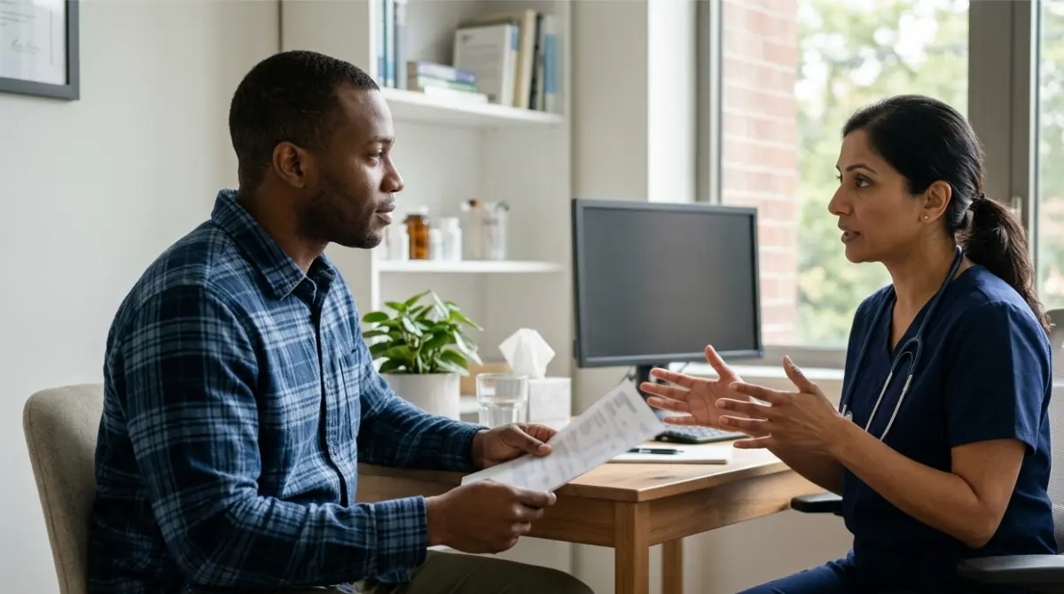 Doctor explaining a high AST blood test result to a patient during a clinic consultation