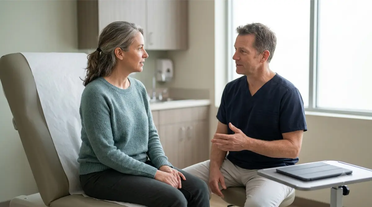 High AST follow-up discussed between a clinician and an adult patient in a bright examination room.