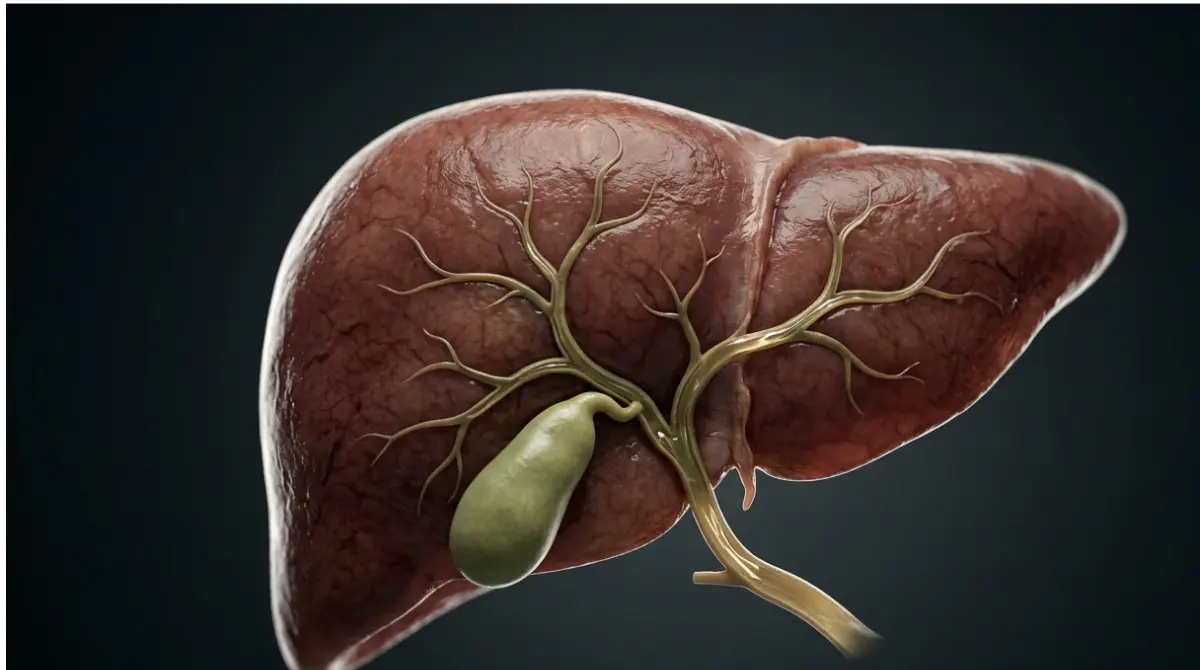 Anatomically accurate liver and bile ducts showing bile flow, explaining high liver ALT and bilirubin buildup.