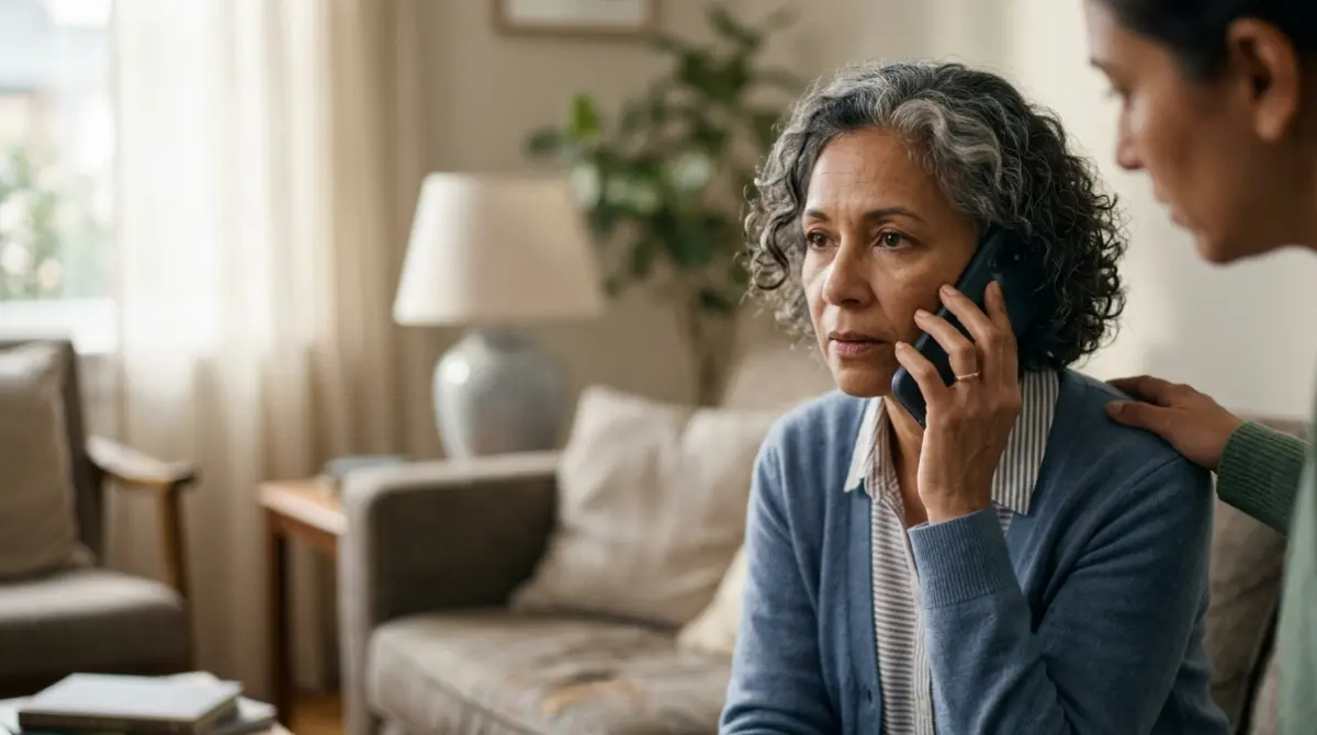 Person calling for urgent medical advice about jaundice and high liver enzyme symptoms at home.