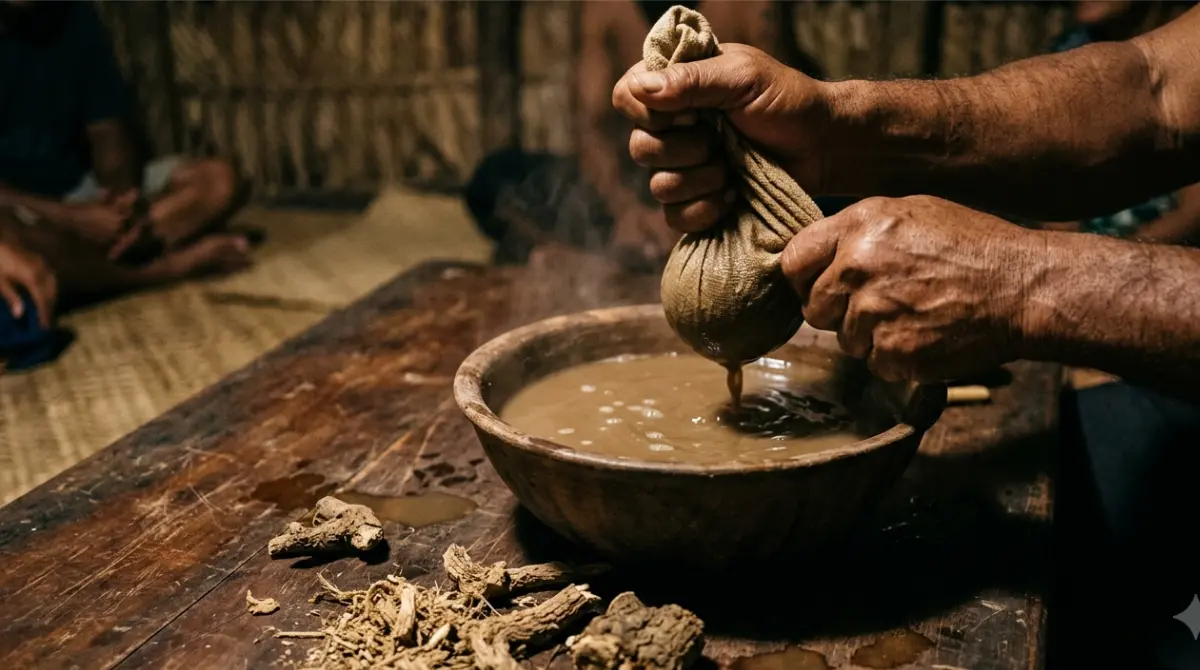 "Hands wringing a woven strainer bag over a bowl of traditional kava drink, a supplement that can raise liver enzymes, with dried kava root pieces on a wooden table"