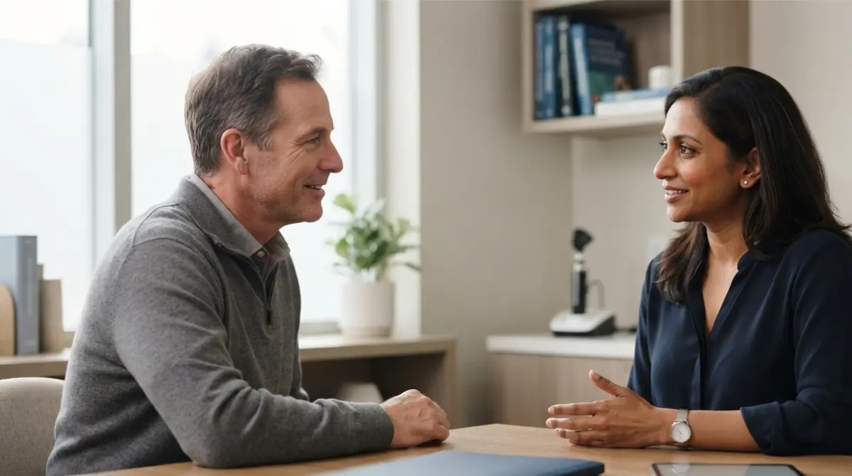 Patient and clinician discussing what a liver disease death rate measures.