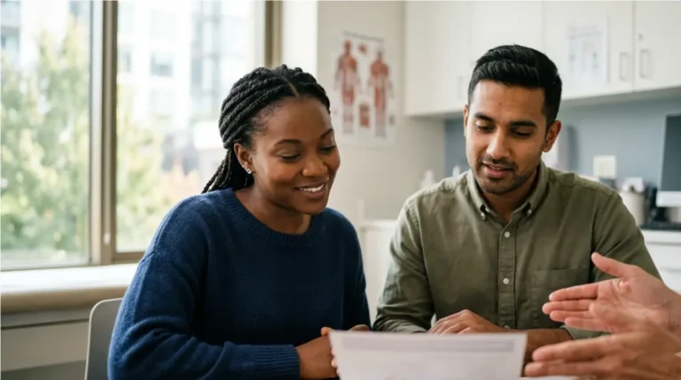 Liver Enzyme limits by sex: a man and woman reviewing ALT health information with a clinician