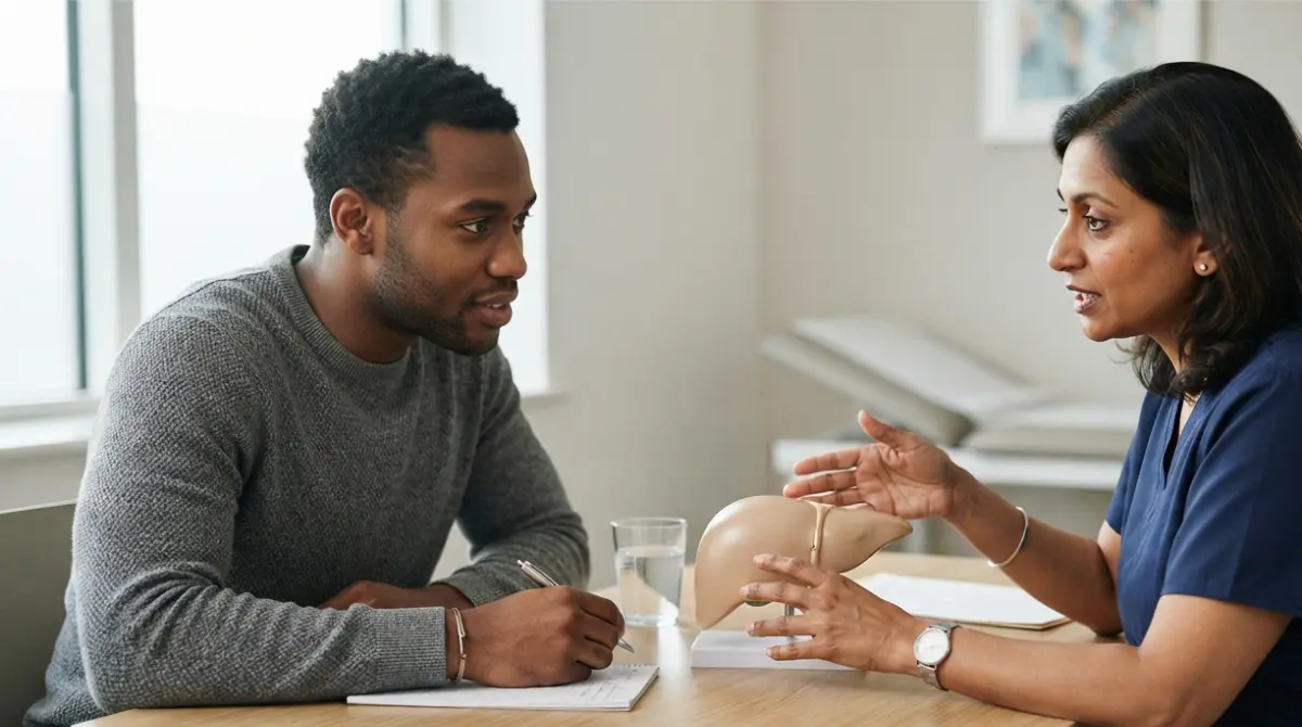 Liver Panel consultation with a clinician explaining the purpose of seven liver-related blood tests