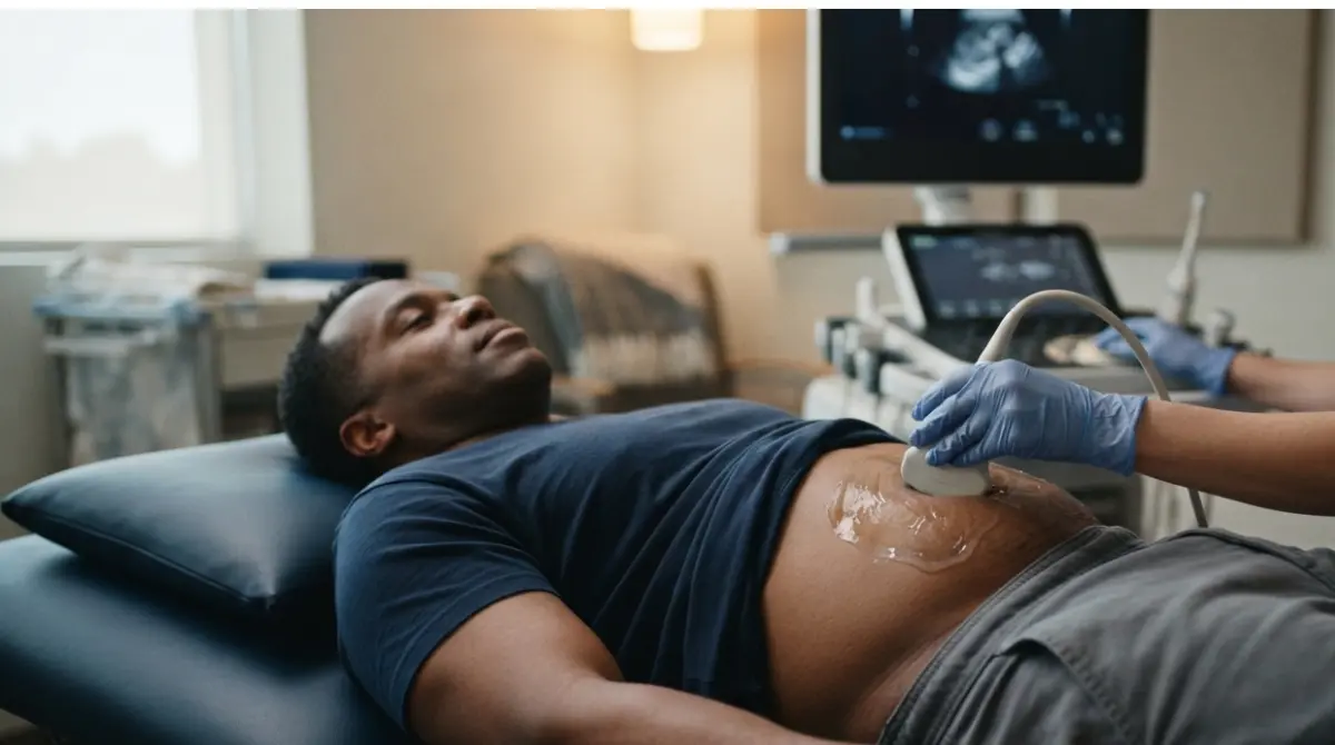 “Patient undergoing abdominal ultrasound to assess liver enzymes and liver health”