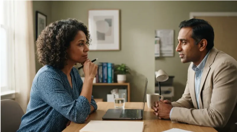 Lower ALT: a patient discussing next steps after a flagged lab result with a clinician in a primary care office.