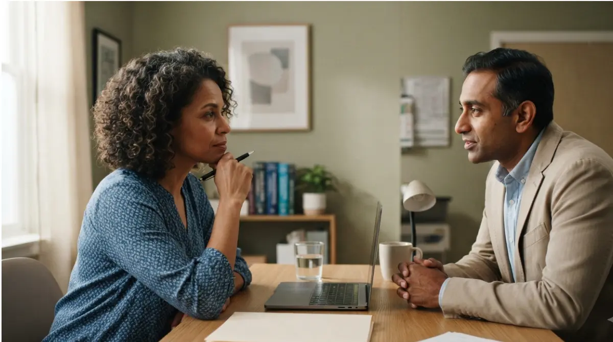 Lower ALT: a patient discussing next steps after a flagged lab result with a clinician in a primary care office.