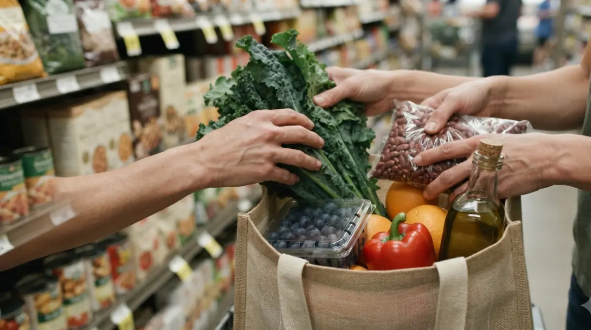 Lower ALT: choosing vegetables, fruits, legumes, and olive oil at the grocery to support liver-friendly eating.