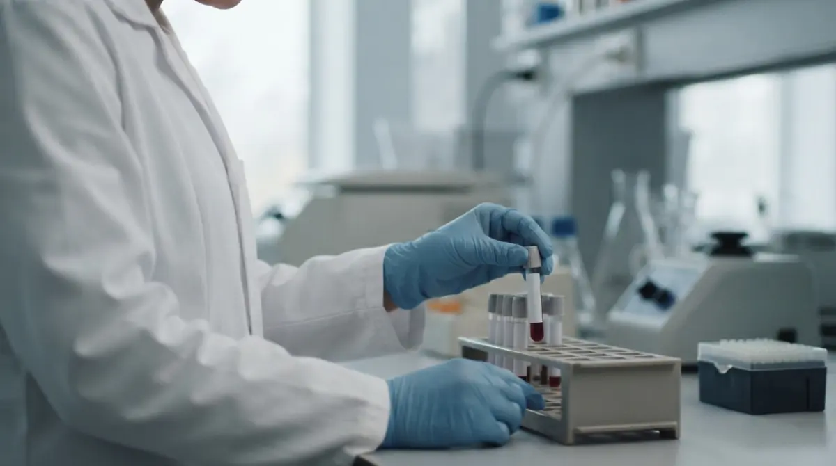 Lab worker handles an unmarked blood tube for a mail-in Liver Test sample