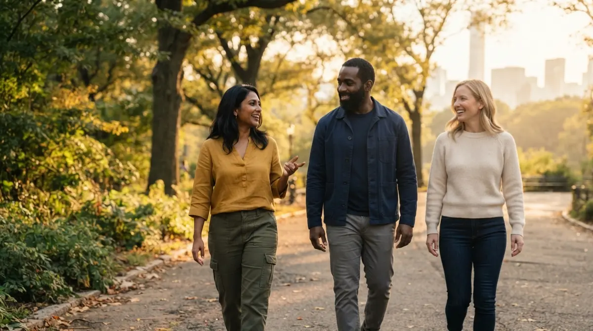 Diverse adults walking outdoors in a park, suggesting metabolic health and fatty liver lifestyle context — Questions