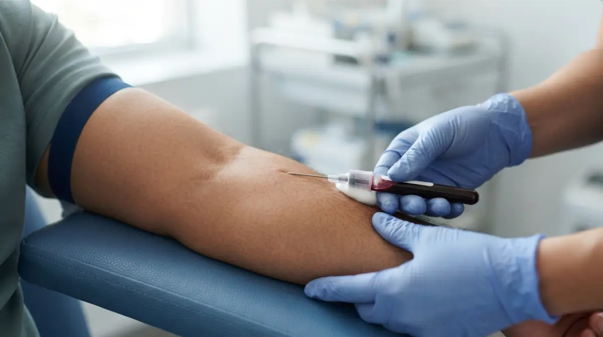 Phlebotomist taking a blood sample to repeat an elevated ALT Liver Function blood test
