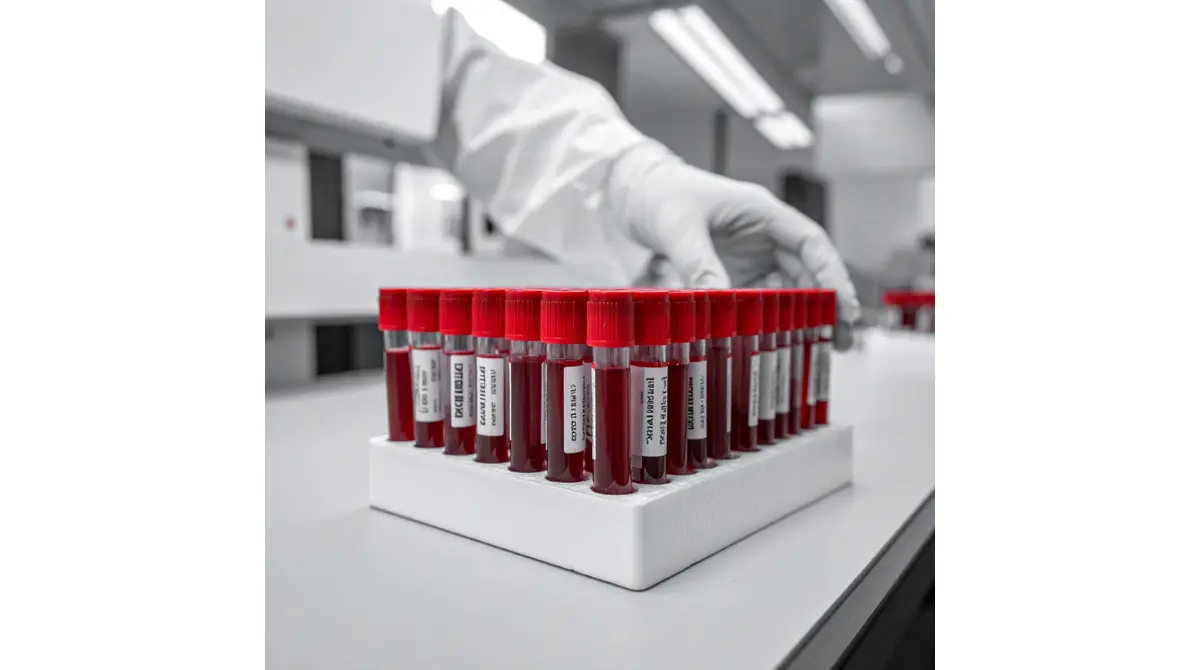 Unlabeled blood tubes in a laboratory, representing CK and liver tests used to assess rhabdomyolysis.