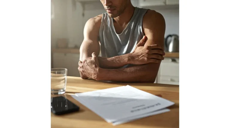Person holding sore upper arm after exercise, illustrating how rhabdomyolysis can raise AST.