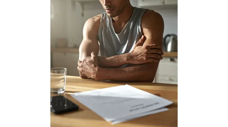 Person holding sore upper arm after exercise, illustrating how rhabdomyolysis can raise AST.
