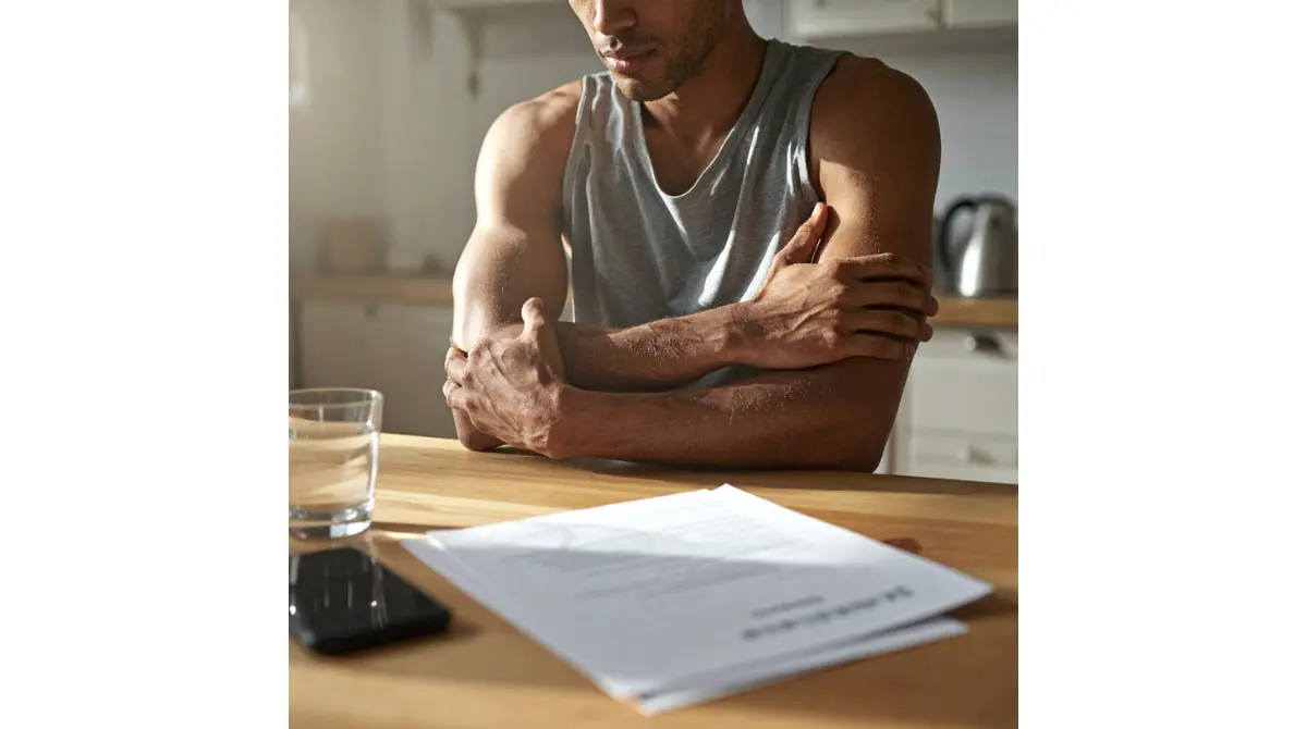 Person holding sore upper arm after exercise, illustrating how rhabdomyolysis can raise AST.