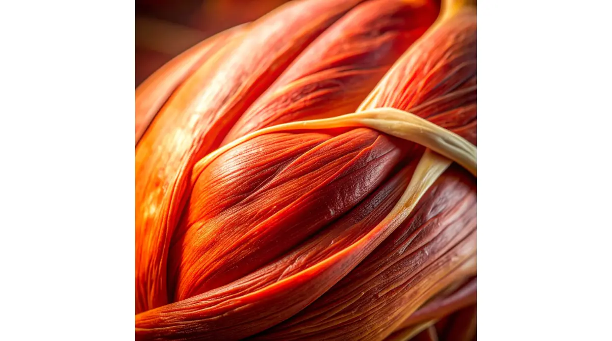 Close-up of skeletal muscle fibers showing how rhabdomyolysis can release AST into the blood.