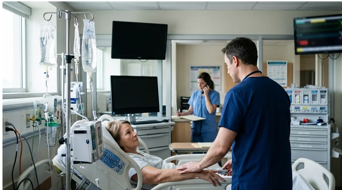 AST Over 1,000 article illustrating hospital monitoring of an adult patient during serious illness