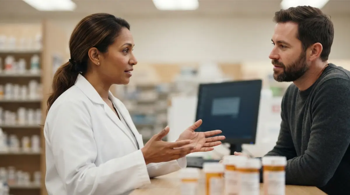 Pharmacist helping a patient decide whether to continue, lower, or switch Statins after high ALT