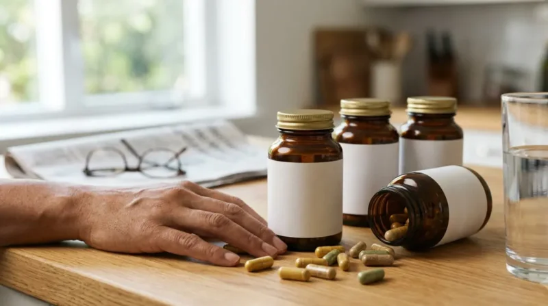 "Unlabeled supplement bottles and herbal capsules on a kitchen counter that can raise liver enzymes, with a glass of water and a blurred newspaper"