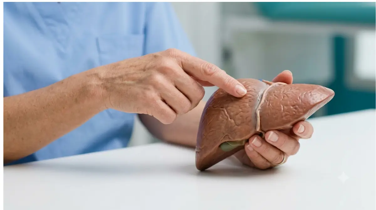 Clinician using an anatomical liver model to explain how Tylenol acetaminophen is processed by the liver