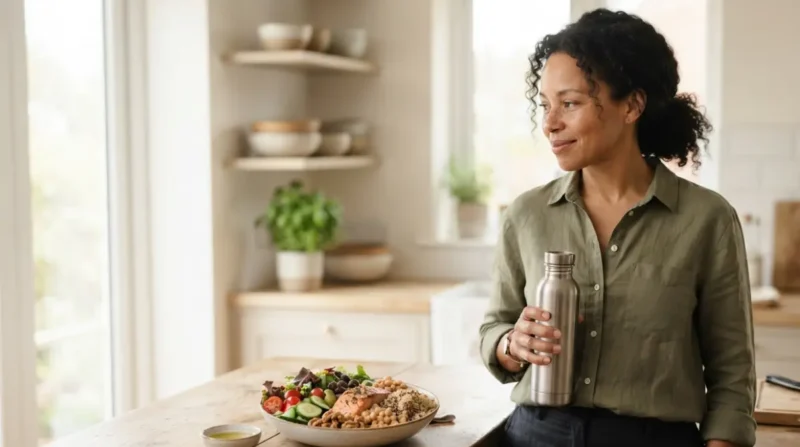 Adult preparing a balanced Mediterranean-style meal at home to support Liver health and lower ALT through gradual weight loss.
