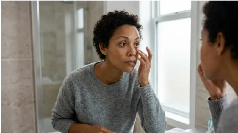 Adult checking eye whites for yellowing, a visible sign that may occur with high liver enzyme ALT.